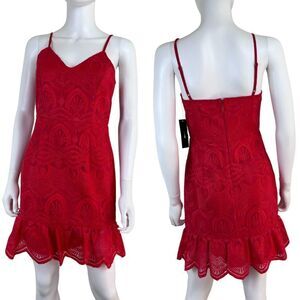 Lulu's Shura Woman Size S Red Embroidered Sleeveless Ruffle Mini NEW Dress Party